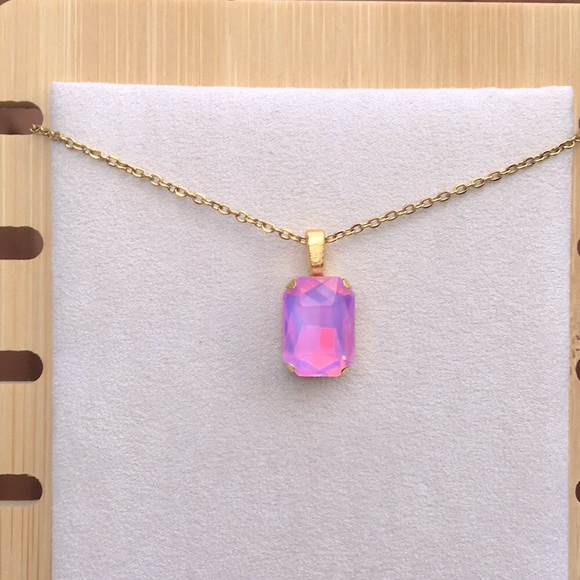 Pink-Purple Opal Aurora Borealis + Gold Emerald Cut Crystal Pendant Necklace - Picture 9 of 14